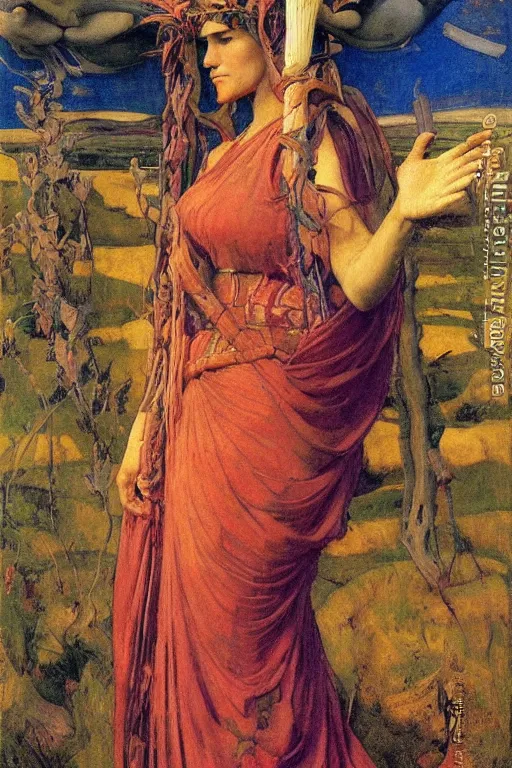 Image similar to queen of the plains with her harvest by Annie Swynnerton and Nicholas Roerich and jean delville, strong dramatic cinematic lighting , ornate headdress , flowing robes, lost civilizations, smooth, sharp focus, extremely detailed