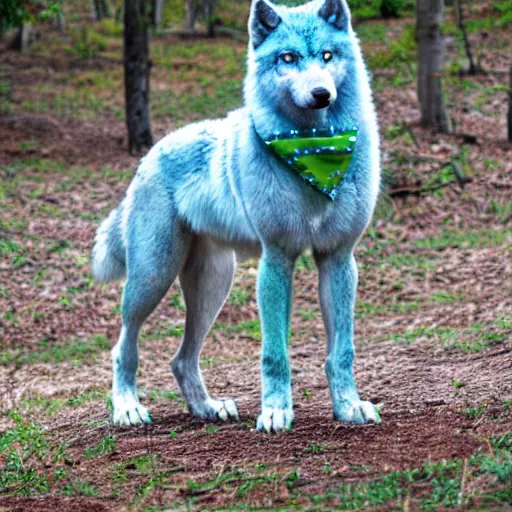 Image similar to pale blue wolf with green handkerchief