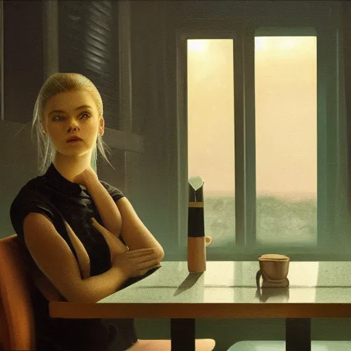 Image similar to silhouette of Elle Fanning in an empty diner, stormy weather, extremely detailed masterpiece, oil on canvas, low-key neon lighting, artstation, Blade Runner 2049, Roger Deakin’s cinematography, by J. C. Leyendecker and Peter Paul Rubens,