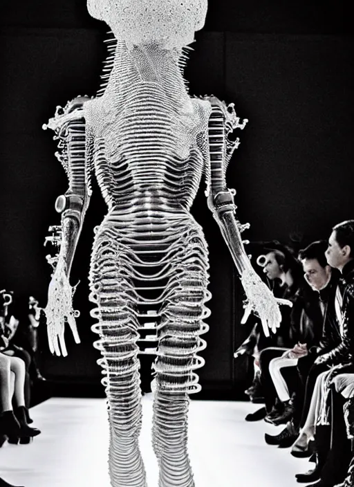 Image similar to walking down the catwalk, steven klein, show, stage, vogue photo, podium, fashion show photo, historical baroque dress, iris van herpen, beautiful woman, full body shot, masterpiece, inflateble shapes, alien, plant predator, guyver, jellyfish, wires, veins, white biomechanical details, wearing epic bionic cyborg implants, highly detailed