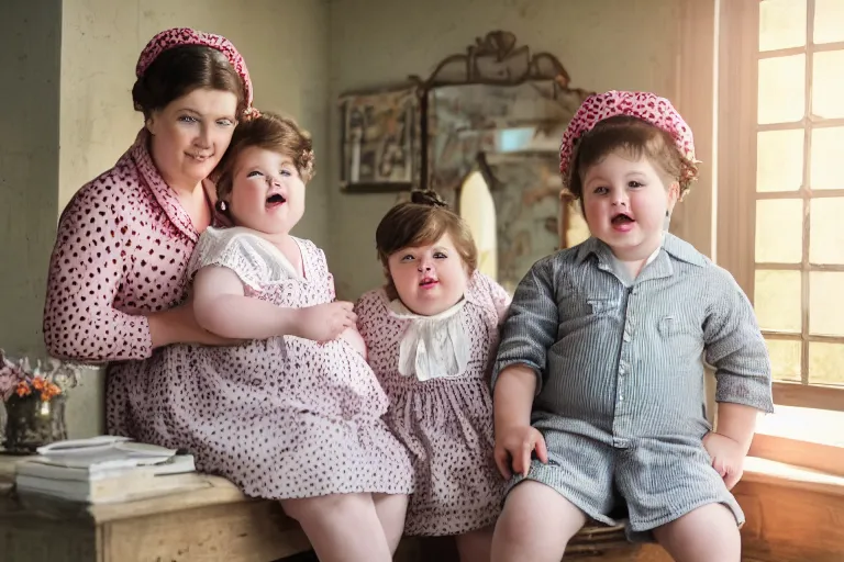 Image similar to charming and chubby family, wearing a polka dot cloths and a victorian - style hairdo on her head, sits in the large and bright studio. sunlight enters through the barred window. very realistic shiny skin. subsurface scattering shiny skin. beautiful lighting, 4 k post - processing, highly detailed, 5 k extremely detailed, 3 d. cinematic scene.