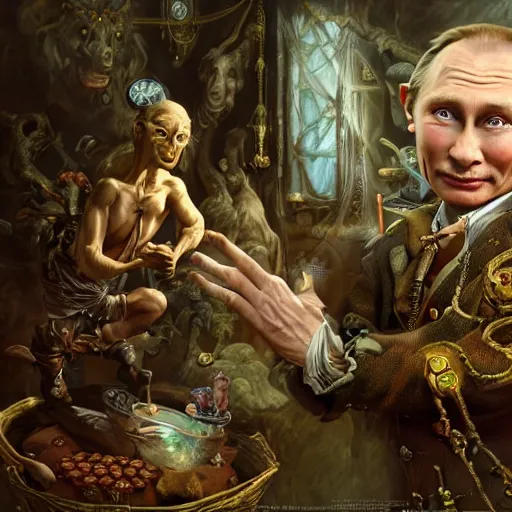 Prompt: Putin as Mystical Gollum, Realistic, Regal, Refined, Detailed Digital Art, Michael Cheval, Walt Disney (1937), François Boucher, Oil Painting, Steampunk, Highly Detailed, Cinematic Lighting, Unreal Engine, 8k