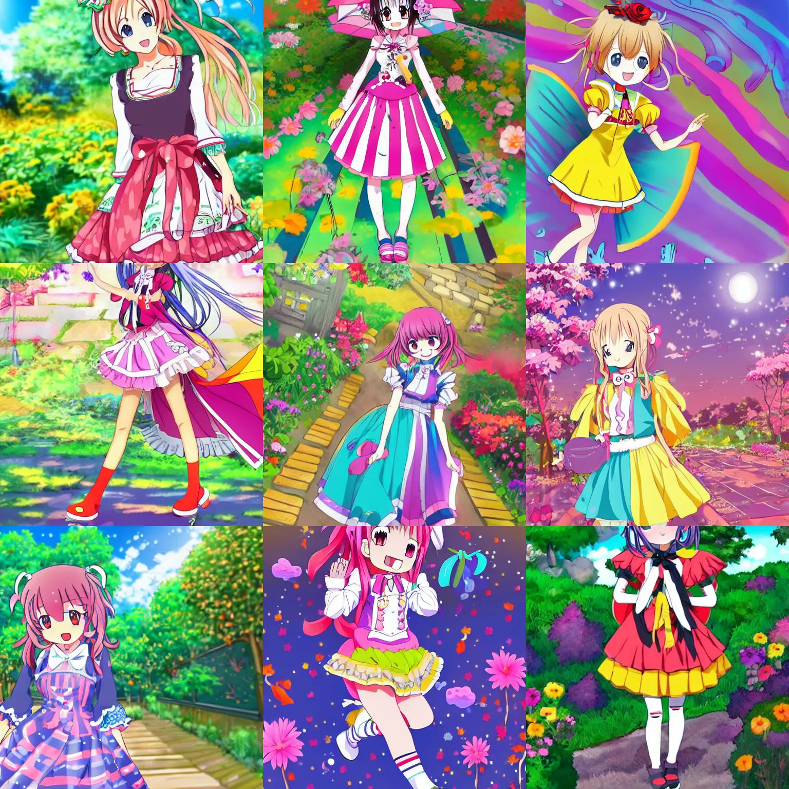 Prompt: a very cute art of a smiling anime girl idol wearing a colorful dress, walking at the garden, walking over a skeleton, in the style of anime