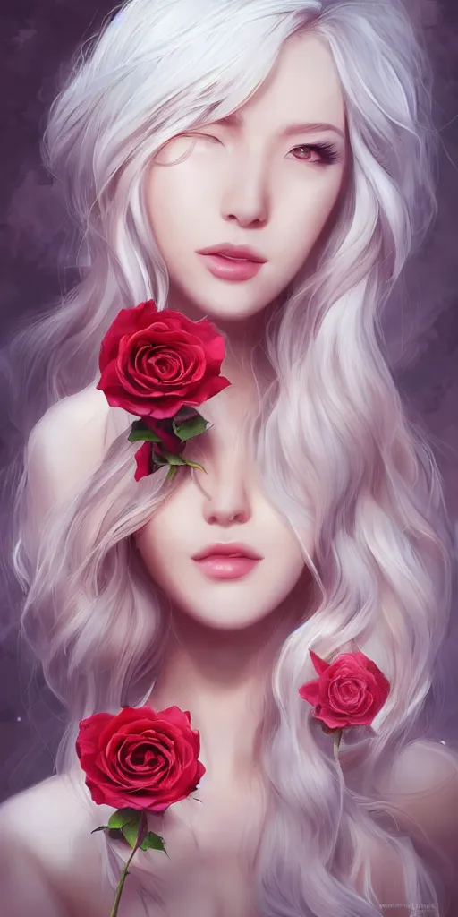 Prompt: a rose by any other name is still a rose, Artwork by Artgerm, singular character, long white hari