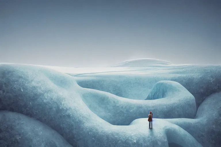 Image similar to a hd render of a surreal frozen landscape, by beeple and zdzisław beksinski, blue color scheme