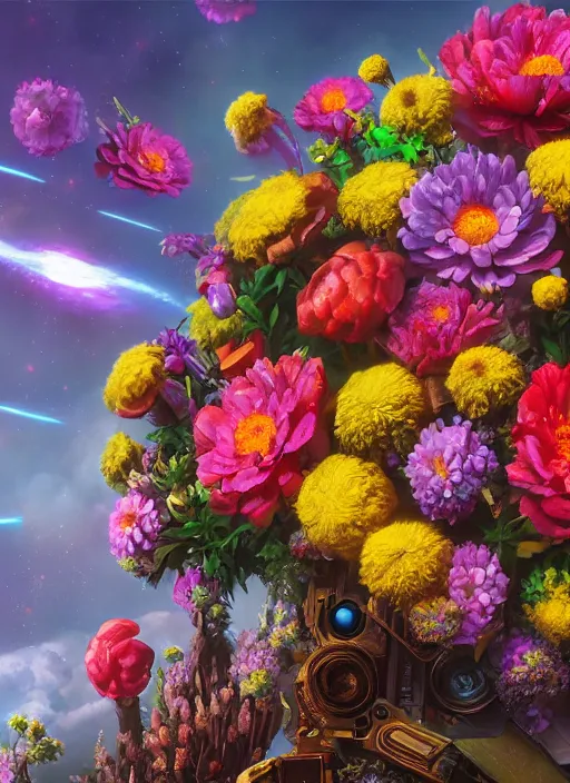 Image similar to An epic fantastic realism comic book style painting of the most beautiful flowers launched across the galaxy, bouquets, fisheye lens, unreal 5, DAZ, hyperrealistic, octane render, dynamic lighting