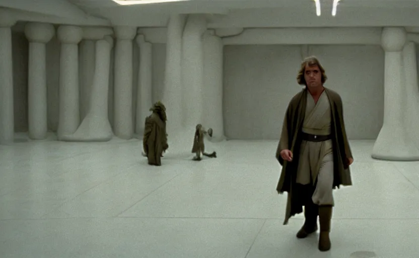 Image similar to screenshot of master Luke Skywalker alone in a a Jedi Temple, objects floating around him, iconic scene from the 1970s thriller directed by Stanely Kubrick film, color kodak, ektochrome, anamorphic lenses, detailed faces, moody cinematography