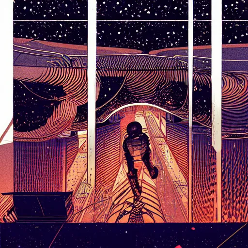 Image similar to !dream Stunningly intricate illustration of a scared astronaut explorer running in Mars trough 3 columns of white neon light of infinite height, highly detailed, midnight, by Victo Ngai and James Gilleard , Moebius, Laurie Greasley