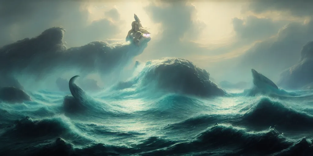 Image similar to poseidon dies and the apocalypse begins in ocean, extremely detailed digital painting, in the style of fenghua zhong and ruan jia and jeremy lipking and peter mohrbacher, mystical colors, rim light, beautiful lighting, 8 k, stunning scene, raytracing, octane, trending on artstation