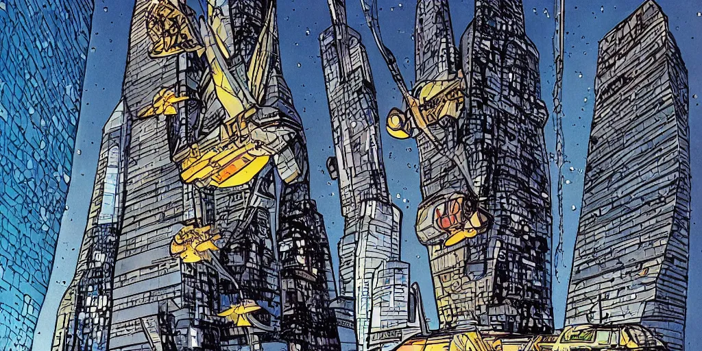 Prompt: spaceship landing on pad on top of skyscraper in style of dave gibbons, comic art, highly detailed
