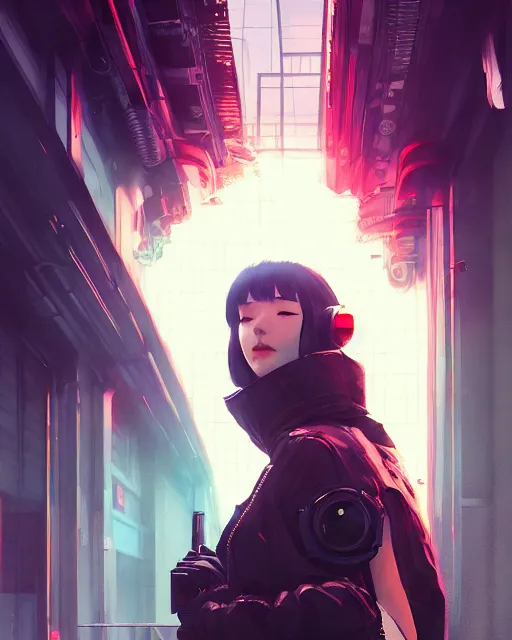 Image similar to beautiful lady wearing cyberpunk streetwear, detailed portrait, 4 k, vivid colours, concept art by wlop, ilya kuvshinov, artgerm, krenz cushart, greg rutkowski, pixiv. cinematic dramatic atmosphere, sharp focus, volumetric lighting, cinematic lighting, studio quality