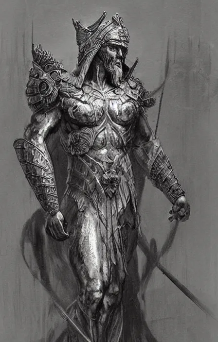 Prompt: zeus god concept, wearing thunder armor, ancient greek ornamented armor, beksinski, weta workshop concept art