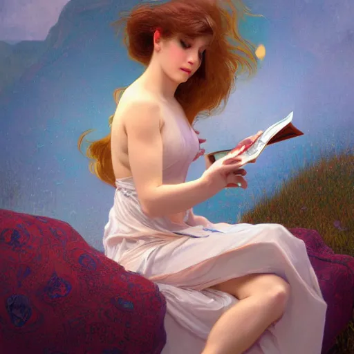 Image similar to a girl reading book, hair flowing down | hyperrealistic | action pose | digital painting | trending on artstation | pinup portrait | clean | illustration | dressed | Unreal Engine 5 | 8k resolution | by Greg Rutkowski Alphonse Mucha Gustav Klimt and Mel Ramos