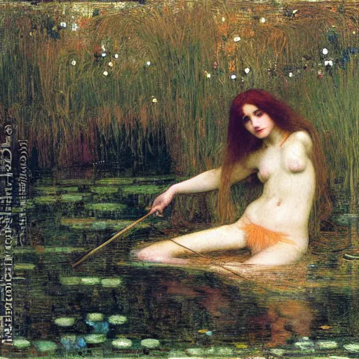 Prompt: ophelia under water amongst the reeds, john william waterhouse, rosetti and monet, william holman hunt, 8 k