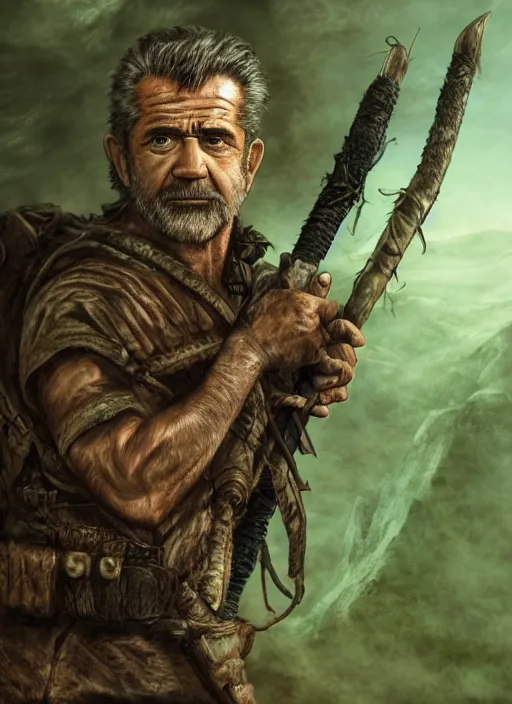 Image similar to A fantasy comic book style portrait painting of Mel Gibson as a survivalist warrior in a a post apocalyptic landscape in green mist, unreal 5, DAZ, hyperrealistic, octane render, RPG portrait, ambient light, dynamic lighting