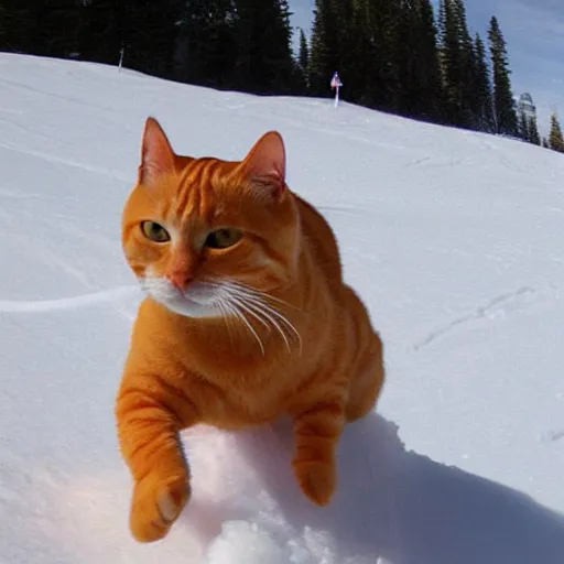 Prompt: an orange tabby cat skiing