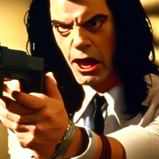 Prompt: still of tommy wiseau as vincent vega holding a gun in pulp fiction ( 1 9 9 4 ), 4 k, cinematic, film footage, screencap, by quentin tarantino