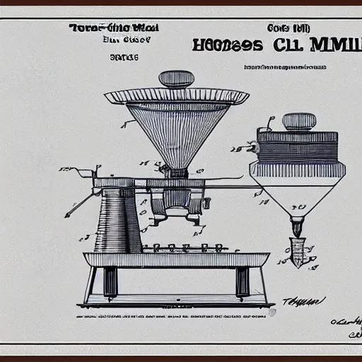 Prompt: plans for a horse - drawn coffee mill in the style of thomas edison. patent filing. detailed. hd