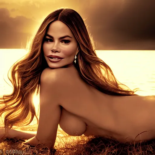 Image similar to photographic portrait of a stunningly beautiful sofia vergara in soft dreamy light at sunset, beside the river, soft focus, contemporary fashion shoot, in a denis villeneuve and tim burton movie, by edward robert hughes, annie leibovitz and steve mccurry, david lazar, jimmy nelsson, extremely detailed, breathtaking, hyperrealistic, perfect face, octane render