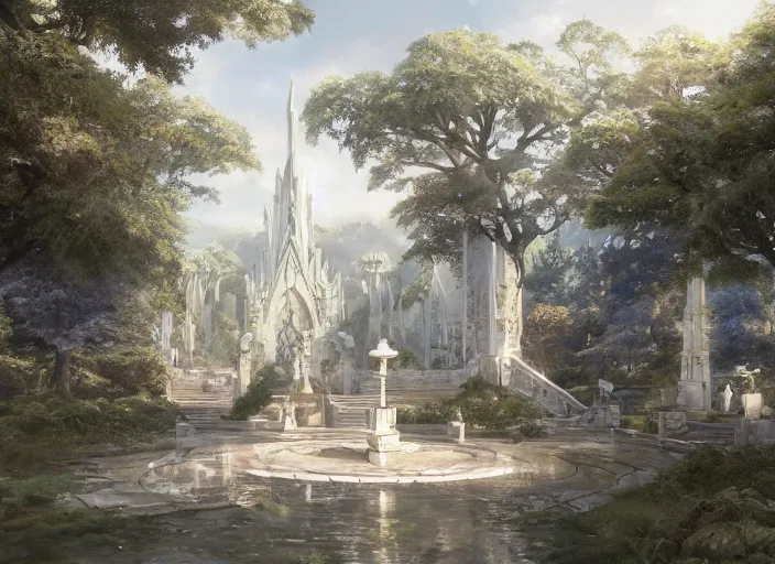 Image similar to A college academy in a beautiful elven city made of white marble, anime, lush trees, fountain, a fantasy digital painting by Greg Rutkowski and James Gurney, trending on Artstation, highly detailed