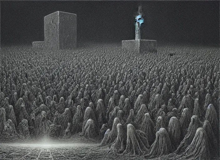 Image similar to people worshipping a black cube by beksinski