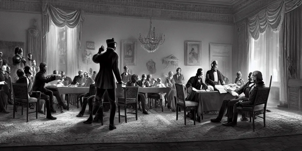 Image similar to five score years ago, a great american, in whose symbolic shadow we stand today, signed the emancipation proclamation. ultrafine colored illustration, hyperrealistic, cinematic atmosphere, intricate linework, sharp focus, octopath traveler, final fantasy, unreal engine highly rendered, global illumination, radiant light, intricate environment