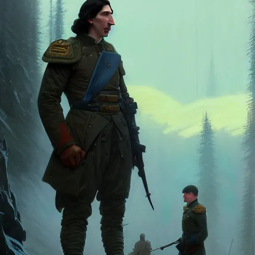 Image similar to adam driver and john oliver, standing together, stoic, full body, military uniform, battle, war, cinematic lighting by darek zabrocki and greg ruthkowski, alphonse mucha, simon stalenhag and cinematic and blue cold atmospheric, concept art, artstation, trending on artstation - w 8 3 2