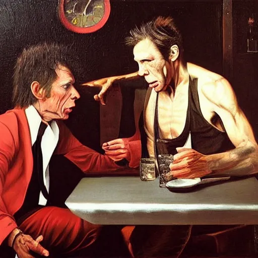 Image similar to Tom Waits and Iggy Pop talking in a pub by Jim Jarmush, oil painting by Caravaggio