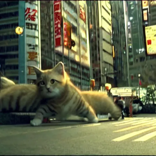 Prompt: a giant cat wrecking downtown tokyo, cinematic movie still