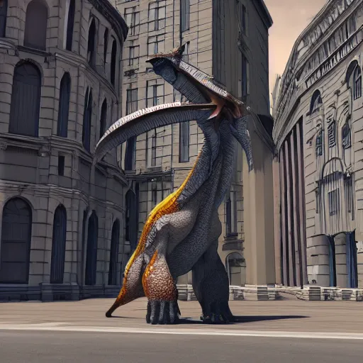 Image similar to high quality realistic render of a giant female anthropomorphic dragon; leaning against a building with an elegant pose, in the city, 3D render, 8k HD, Deviantart, Furaffinity