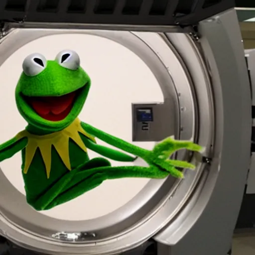 Prompt: screaming Kermit the Frog trapped inside an MRI machine