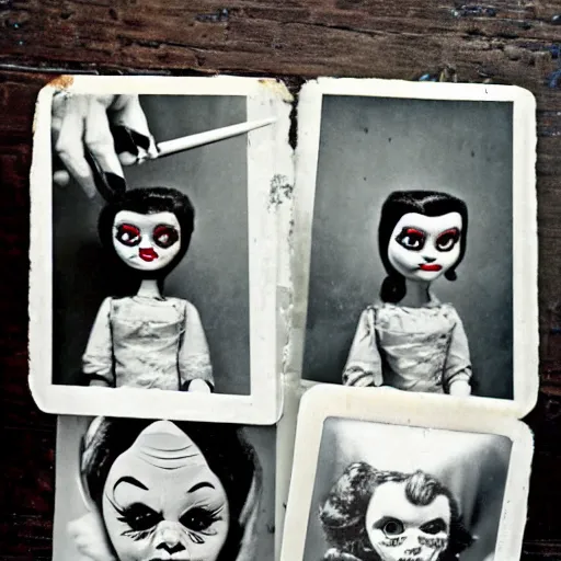Image similar to 1 9 5 0 s, angry evil dolls coming to life and jump scaring, doll phobia, horror, polaroid,