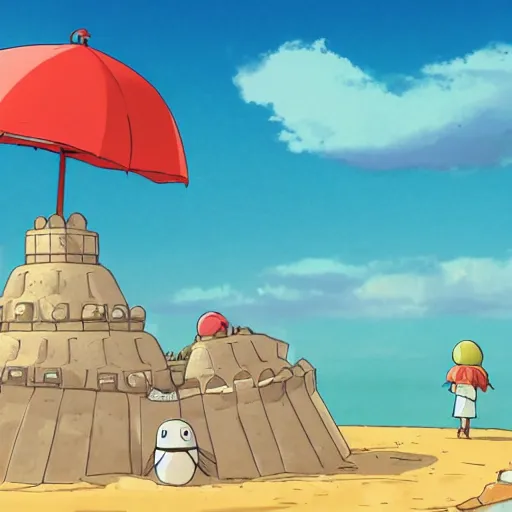 Image similar to crab building a sand castle, cute, kawaii, art station, studio ghibli, 8k,