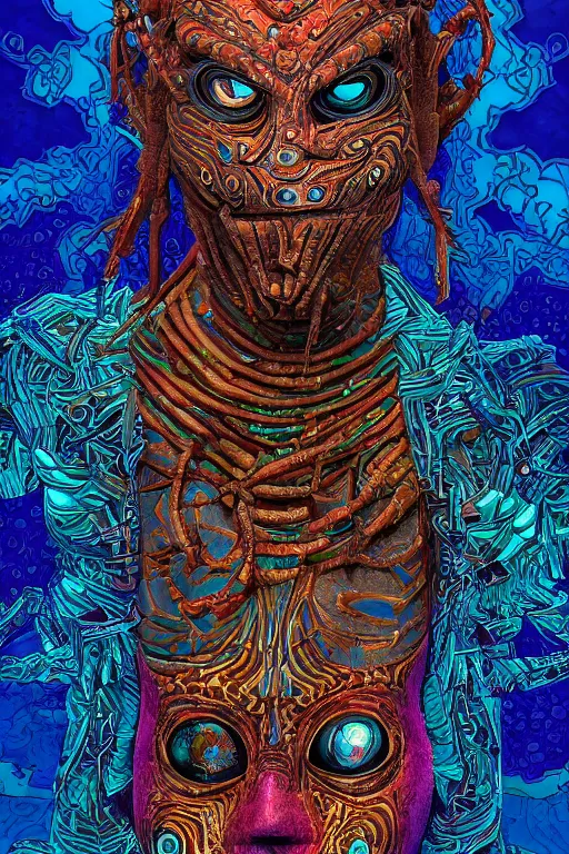 Image similar to tribal vodoo mask eye deepdream radiating a glowing aura global illumination ray tracing hdr fanart arstation by ian pesty and katarzyna da „ bek - chmiel that looks like it is from borderlands and by feng zhu and loish and laurie greasley, victo ngai, andreas rocha, john harris wooly hair cut feather stone