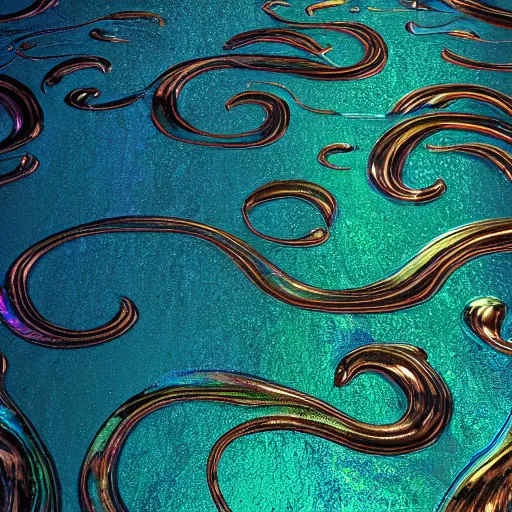 Image similar to Art Nouveau cresting oil slick waves, hyperdetailed bubbles in a shiny iridescent oil slick wave, ornate copper patina medieval ornament, rococo, oganic rippling spirals, octane render, 8k 3D