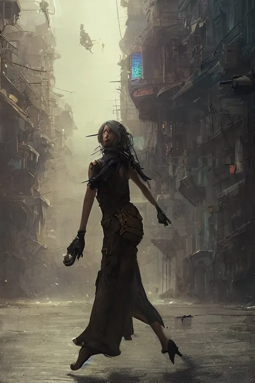 Image similar to a portrait of Jenifer Lawrence walking down the street of a steampunk city by Greg Rutkowski, Sung Choi, Mitchell Mohrhauser, Maciej Kuciara, Johnson Ting, Maxim Verehin, Peter Konig, final fantasy , mythical, 8k photorealistic, cinematic lighting, HD, high details, atmospheric,