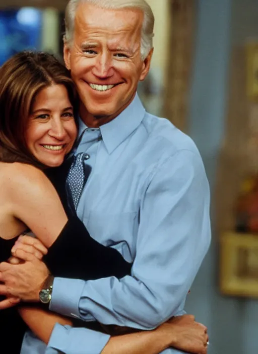 Prompt: film still of joe biden hugging rachel green in the show friends