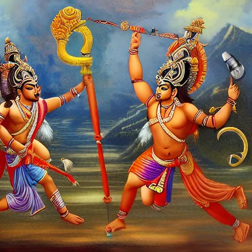 Image similar to Battle between Lord Rama vs Ravana from Indian epic ramayana, hyper-realistic 8k