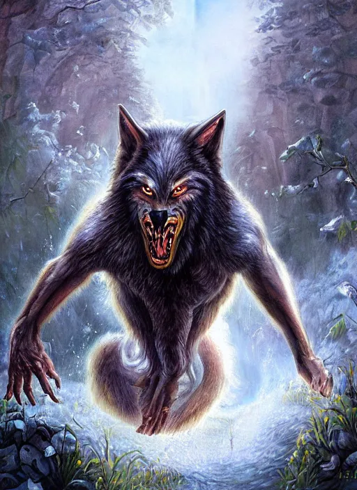 Prompt: a realistic painting of a werewolf opening up to love, fantasy art, matte painting, highly detailed