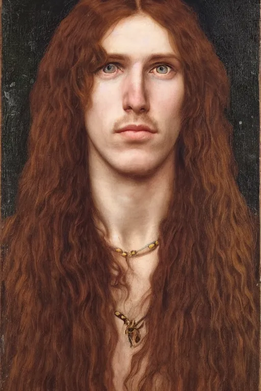 Image similar to Pre-Raphaelite portrait of eddie from Iron Maiden with blond hair and grey eyes