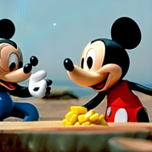 Prompt: mickey mouse eating corn in a zen garden, in the movie star wars