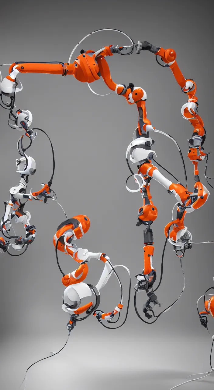 Image similar to three large white glossy kuka industrial robot arms in a gym swinging a jump rope for children, global illumination, artstation, fantasy