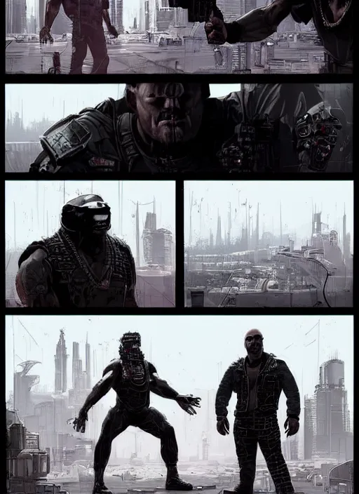 Image similar to Dumb Bubba. Buff cyberpunk meathead trying to intimidate hacker. Large man looms over hacker. Realistic Proportions. Concept art by James Gurney and Laurie Greasley. Moody Industrial skyline. ArtstationHQ. Creative character design for cyberpunk 2077.