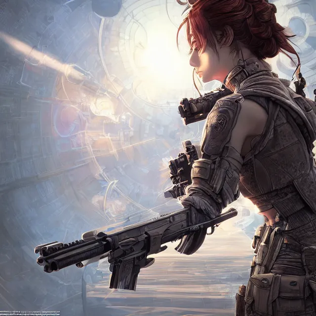 Image similar to the portrait of lawful neutral female futuristic infantry sniper as absurdly beautiful, gorgeous, elegant, young gravure idol, an ultrafine hyperdetailed illustration by kim jung gi, irakli nadar, intricate linework, bright colors, octopath traveler, final fantasy, unreal engine 5 highly rendered, global illumination, radiant light, detailed and intricate environment