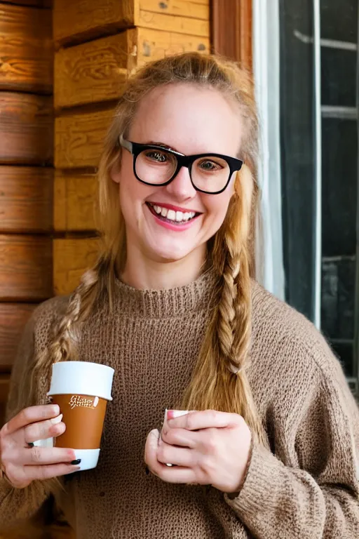 Prompt: realistic photo of a happy smiling young lady in her late 2 0 s on the porch of a cabin in the woods, blond hair in a ponytail, brown knitted sweater, vintage black hipster glasses, holding a cup of tea