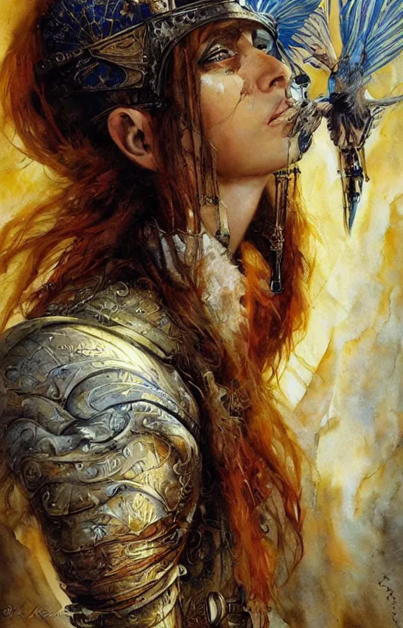 Image similar to a beautiful young medieval warrior, by karol bak, fine art, watercolor, technicolor, angelic