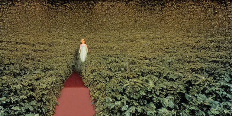 Image similar to photorealistic ultra wide cinematography of characters danny & wendy torrance from stanley kubrick's 1 9 8 0 film the shining, walking inside the hedge labyrinth outside overlook hotel shot on 3 5 mm eastman 5 2 4 7 film by the shining cinematographer john alcott shot on a wide kinoptik tegea 9. 8 mm lens. with golden ratio composition