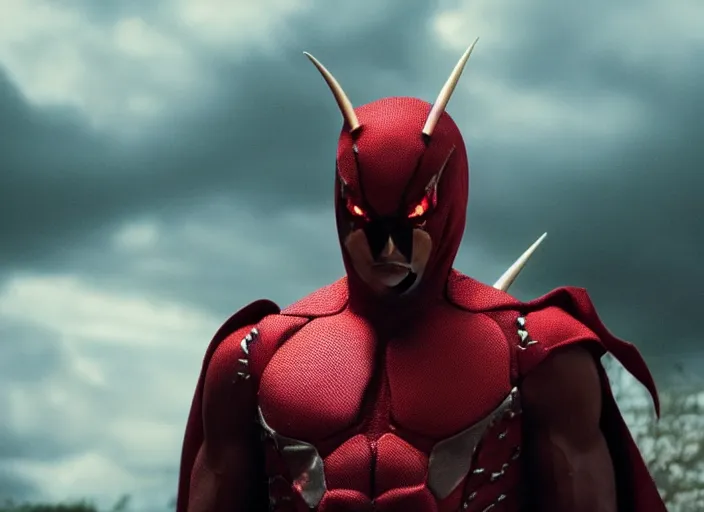 Image similar to film still of michael b jordan as spawn in the new spawn movie, giant chains, large cape, 8 k