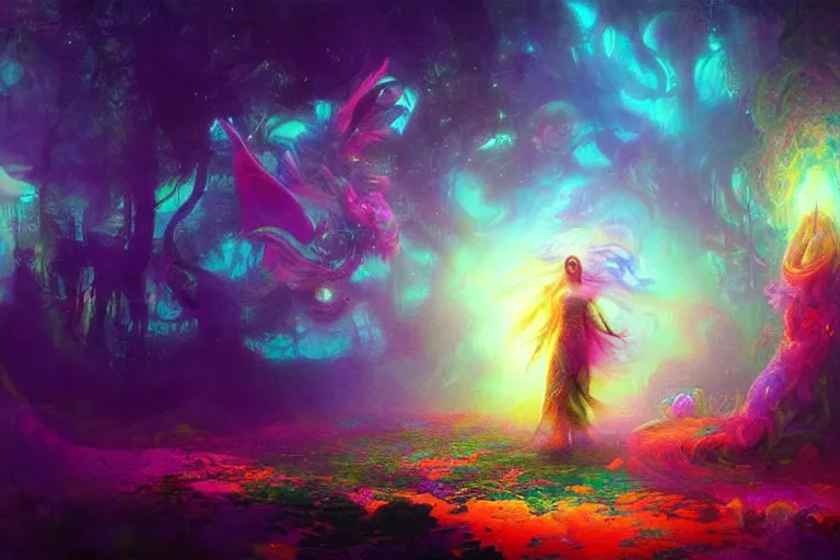Prompt: a psychedelic realm hidden away in a pocket of ethereal understanding / astral beings sharing love greg rutkowski wlop lisa frank bob ross / ruan jia / illustration