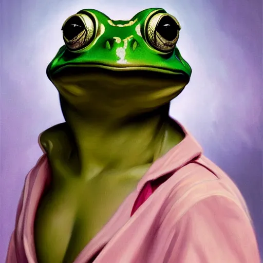 Prompt: oil painting portrait of green anthropomorphic frog wearing a lilac silk gown, highly detailed, digital painting, artstation, concept art, sharp focus, illustration, art by leyendecker and greg rutkowski and alphonse mucha